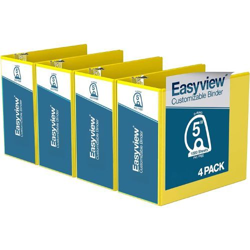 Easyview Premium Customizable Angle D Ring View Binders [Yellow, 5", Letter Size, 4/Pack]