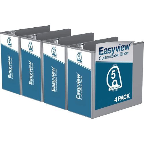 Easyview Premium Customizable Angle D Ring View Binders [Grey, 5", Letter Size, 4/Pack]