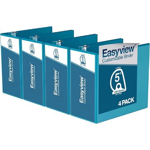 Easyview Premium Customizable Angle D Ring View Binders [Turquoise Blue, 5", Letter Size, 4/Pack]