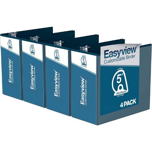 Easyview Premium Customizable Angle D Ring View Binders [Navy Blue, 5", Letter Size, 4/Pack]