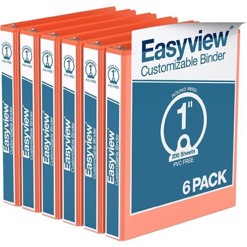Easyview Premium Customizable Round Ring View Binders [Orange, 1", Letter Size, 6/Pack]