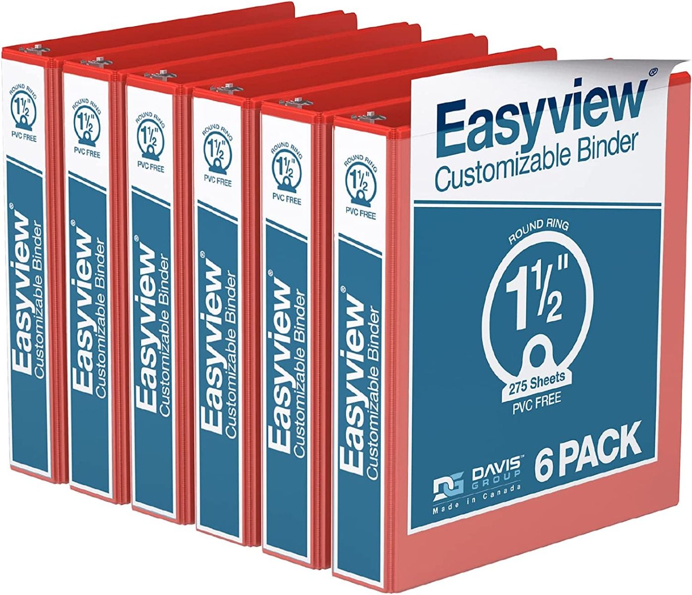 Easyview Premium Customizable Round Ring View Binders [Red, 1.5", Letter Size, 6/Pack]