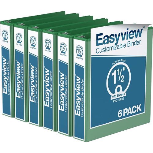 Easyview Premium Customizable Round Ring View Binders [Green, 1.5", Letter Size, 6/Pack]