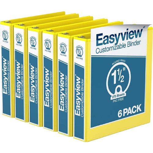 Easyview Premium Customizable Round Ring View Binders [Yellow, 1.5", Letter Size, 6/Pack]