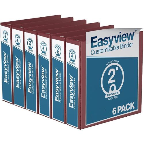 Easyview Premium Customizable Round Ring View Binders [Burgundy, 2", Letter Size, 6/Pack]