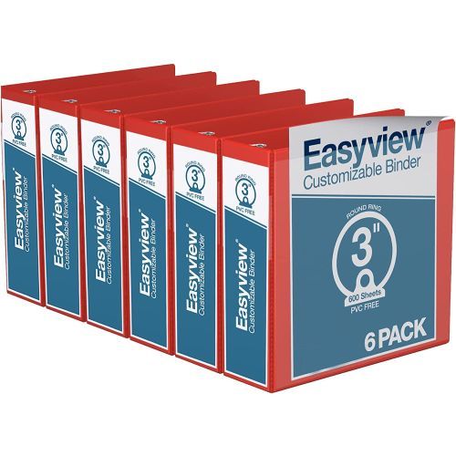 Easyview Premium Customizable Round Ring View Binders [Red, 3", Letter Size, 6/Pack]