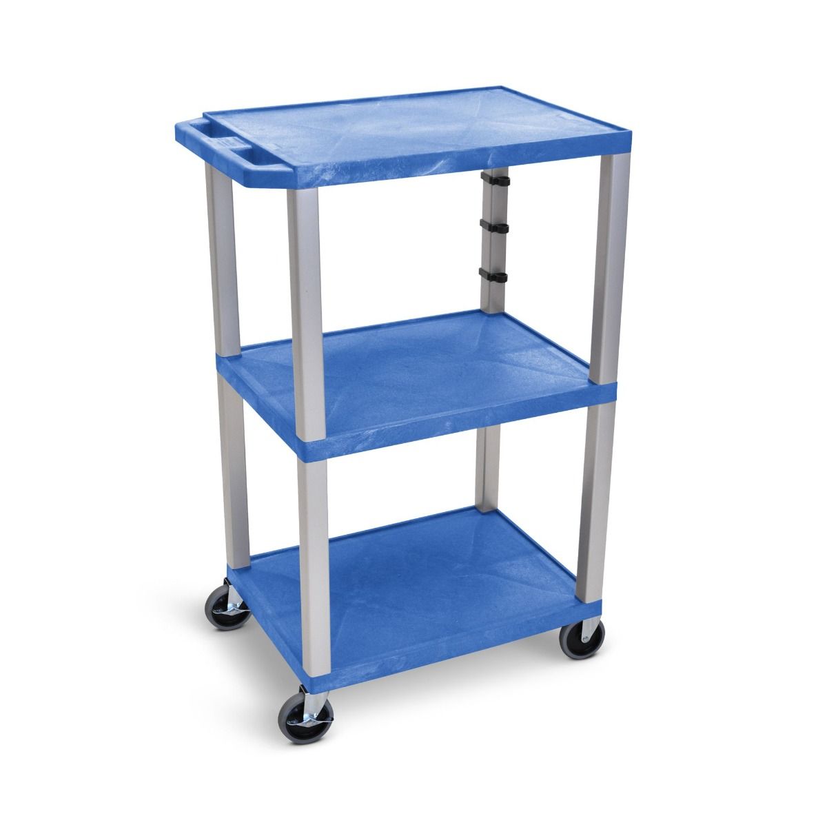 Luxor 42" High 3-Shelf Utility Cart [w/ 3-Outlet Electrical Assembly, Blue Shelves, Nickel Legs] - UCPL1BUE-N Image 1